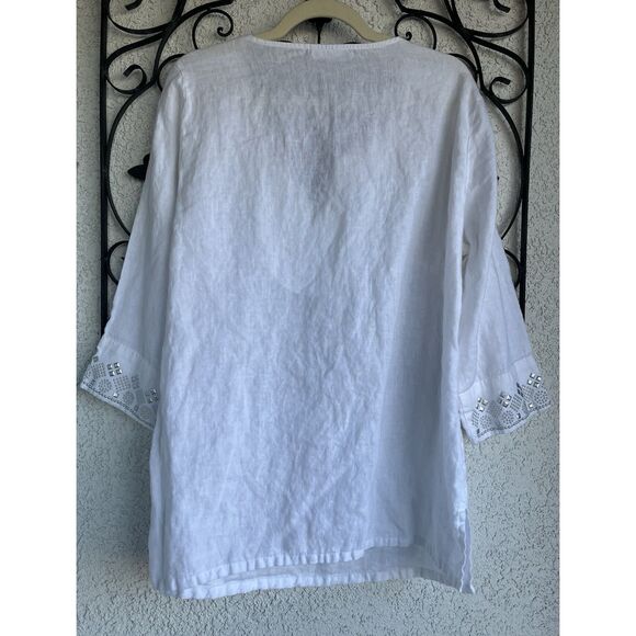 JM Collection Linen Embellished Tunic - Size XL- White - Picture 6 of 9
